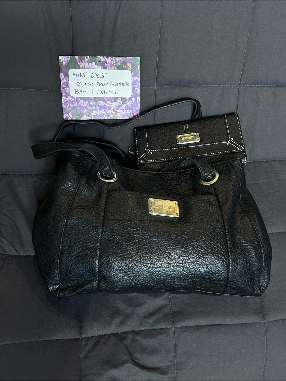 Nine West Black Faux Leather Tote with Matching Wallet